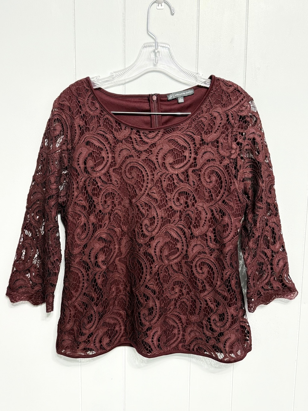 #19)  Adrianna Papell Burgundy Crocheted Lace Scoop Neck Blouse